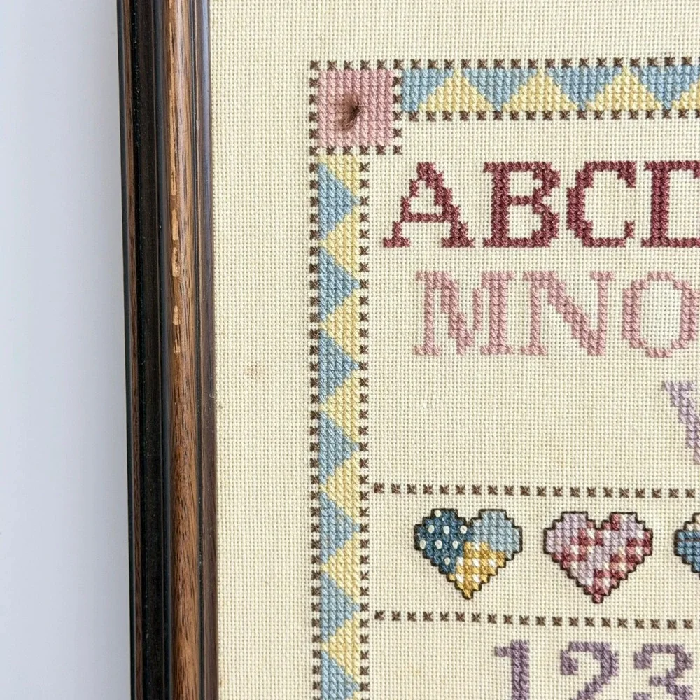 Vintage ABC Cross Stitch Sampler Custom Framed Handmade Nursery Wall Art Heart